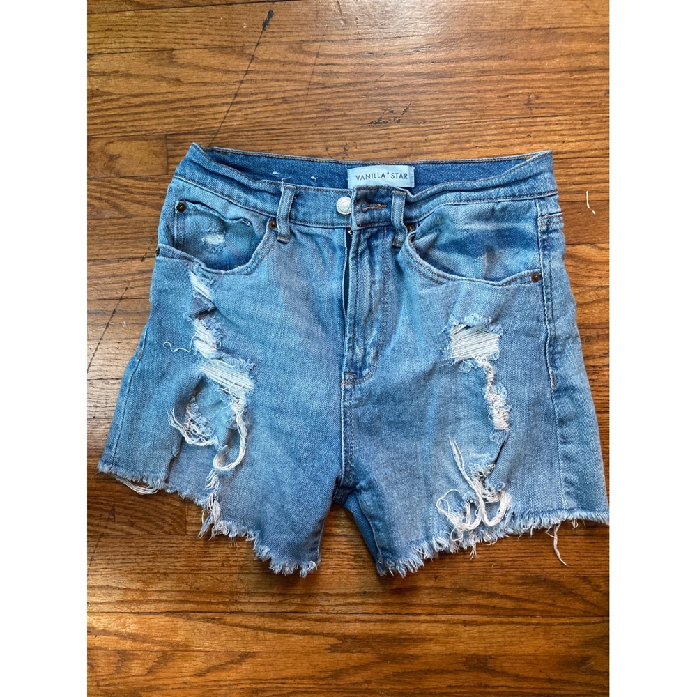 Vanilla Star Womens High Waisted Distressed Denim Shorts Light Wash Blue Size 3